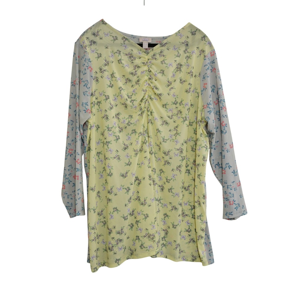 LOGO Layers by Lori Goldstein 3X Mesh Sheer Floral Ruched V-Neck Top Yellow Blue